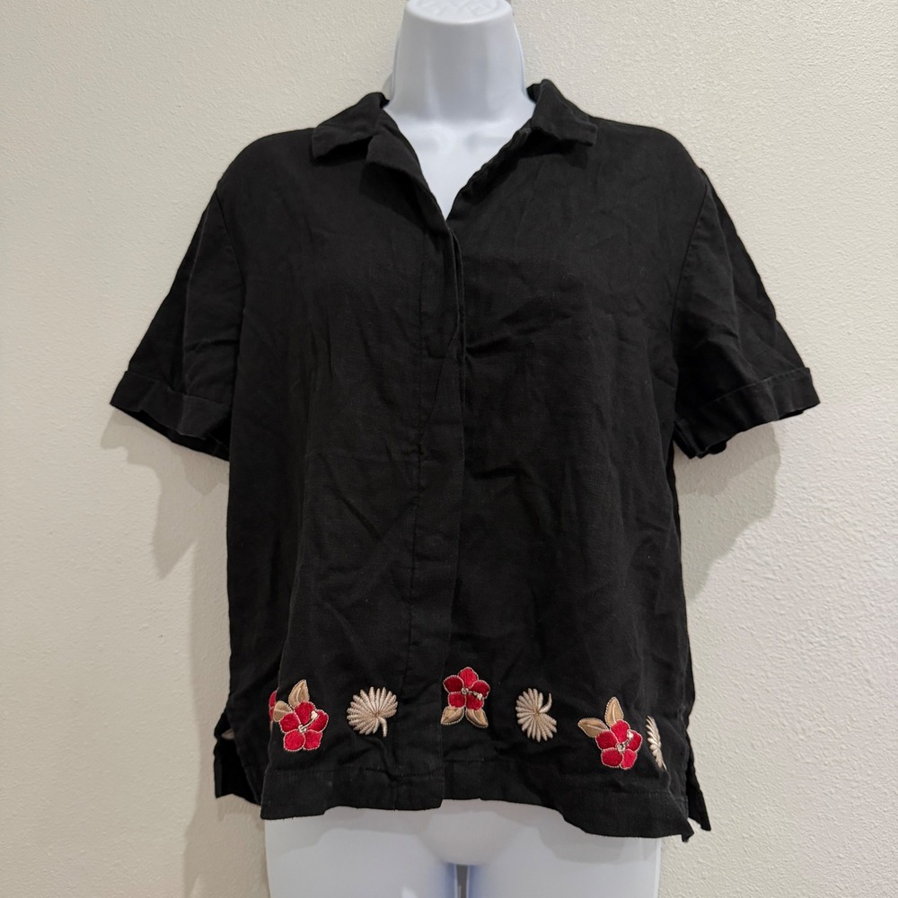 Sag Harbor Button Up Shirt Womens 10 Linen Floral Hibiscus Embroidered Black